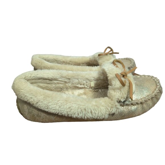 Lucky Brand‎ Moccasin Slippers Womens 7 Gold Slip On Faux Fur Lined Aleya - Picture 3 of 9